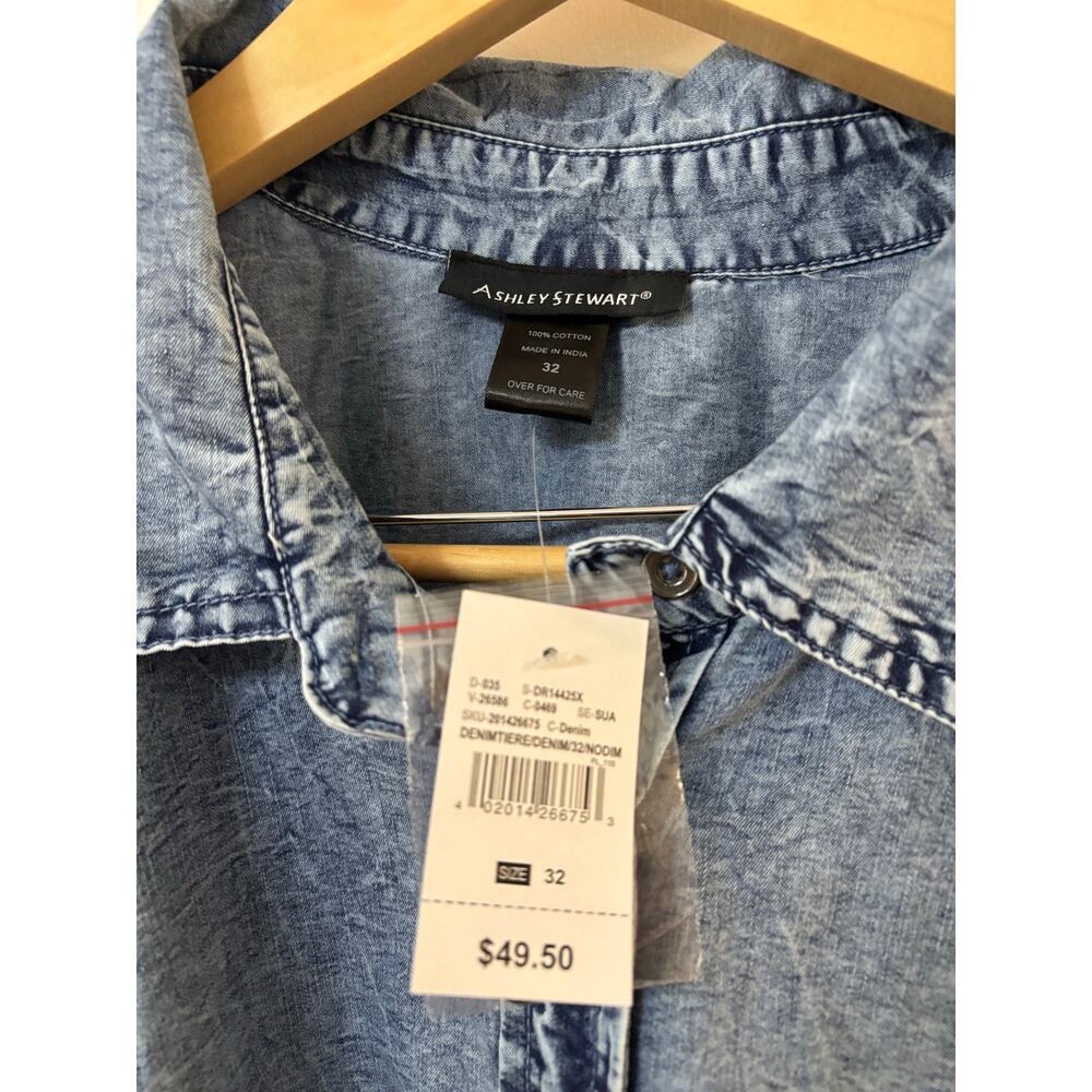 ASHLEY STEWART Denim Shirt Dress Size 32 Acid Wash Tiered NWT Cotton Button Up - Picture 4 of 8